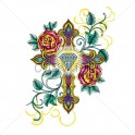 A cross with flowers, diamonds, and metallic gold in