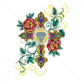 A cross with flowers, diamonds, and metallic gold in